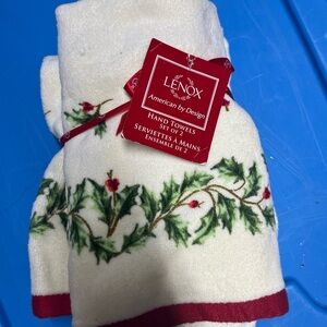 Lenox Festive Holly Hand Towels with Red Trim